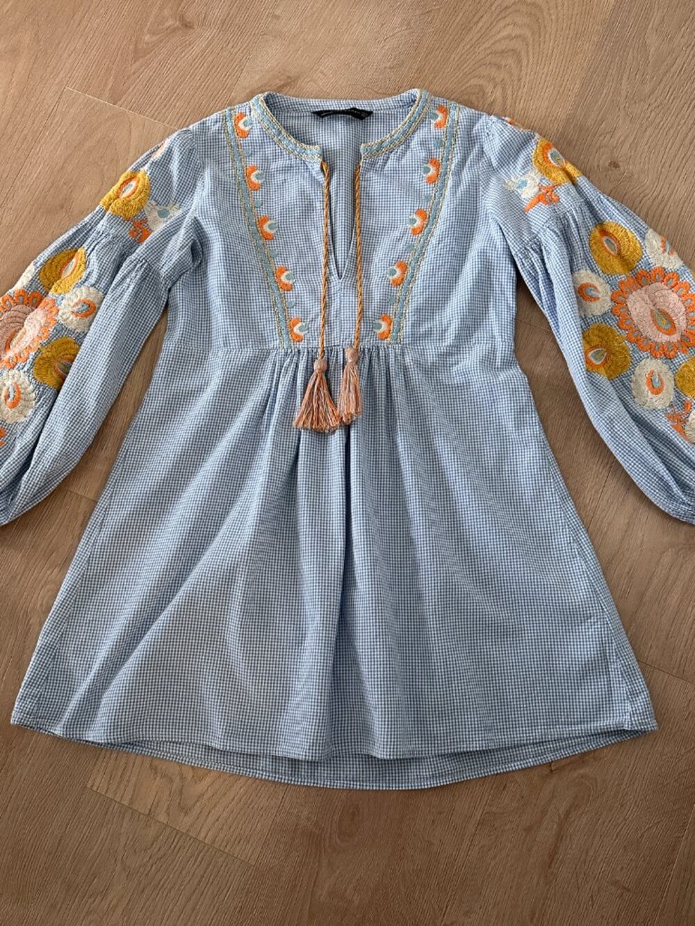 Women's Boho Embroidered Mini Dress Tunic sz S - Blue Country Gingham